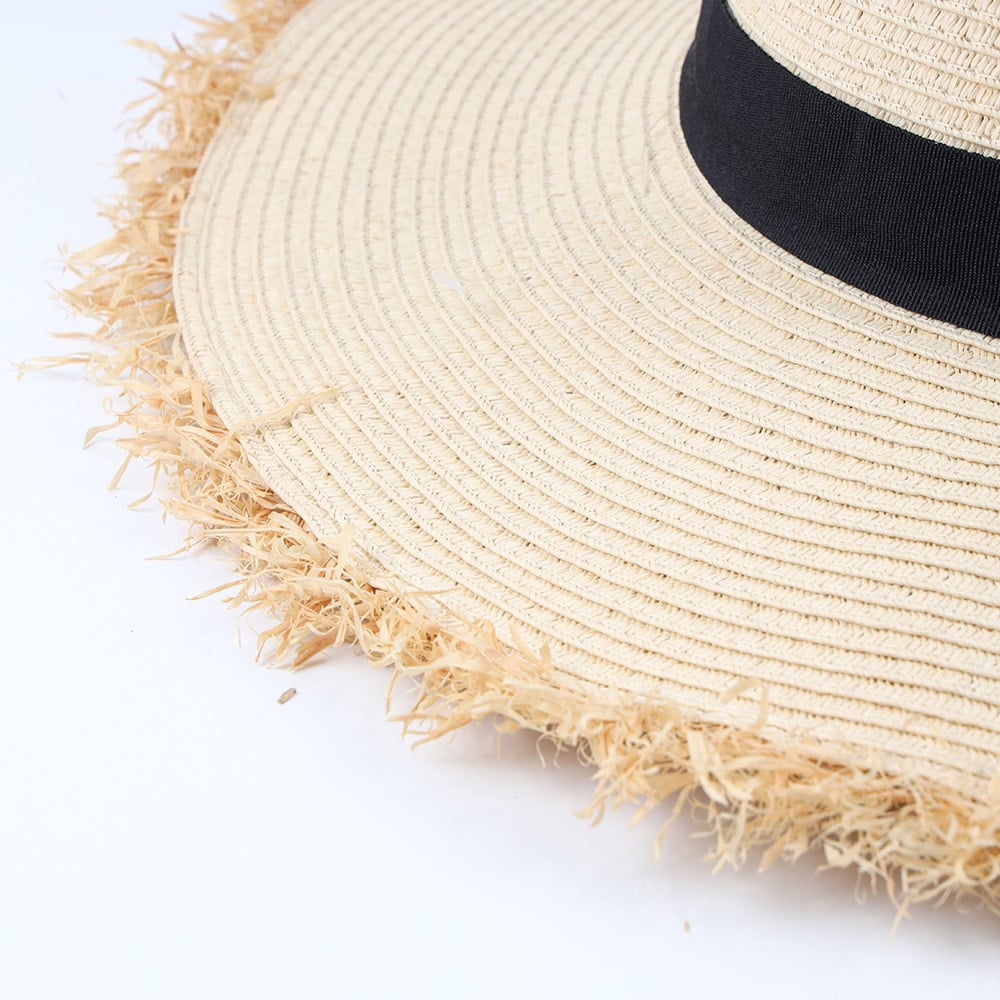 Lafite Grass Raw Edge Women Beach Sun Paper Braid Wide Brim Floppy Straw Hat Manufacturer With Bow