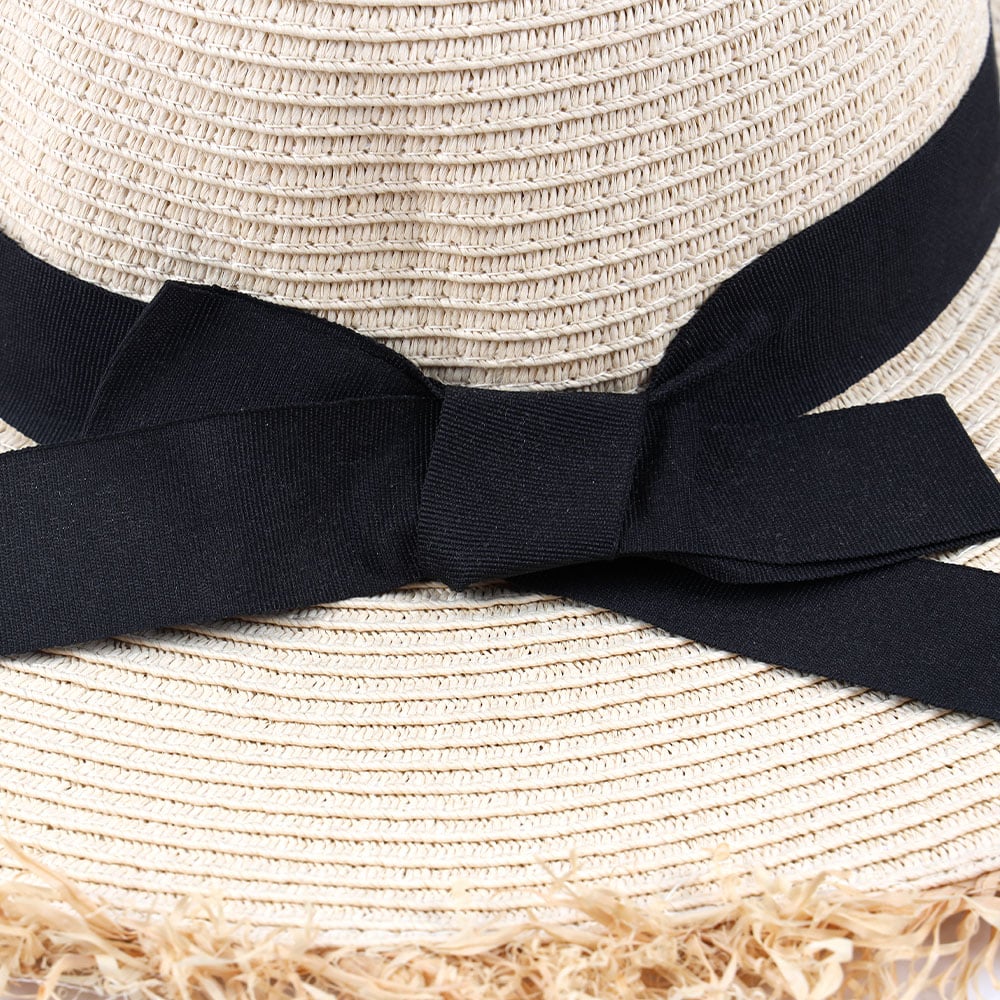 Lafite Grass Raw Edge Women Beach Sun Paper Braid Wide Brim Floppy Straw Hat Manufacturer With Bow