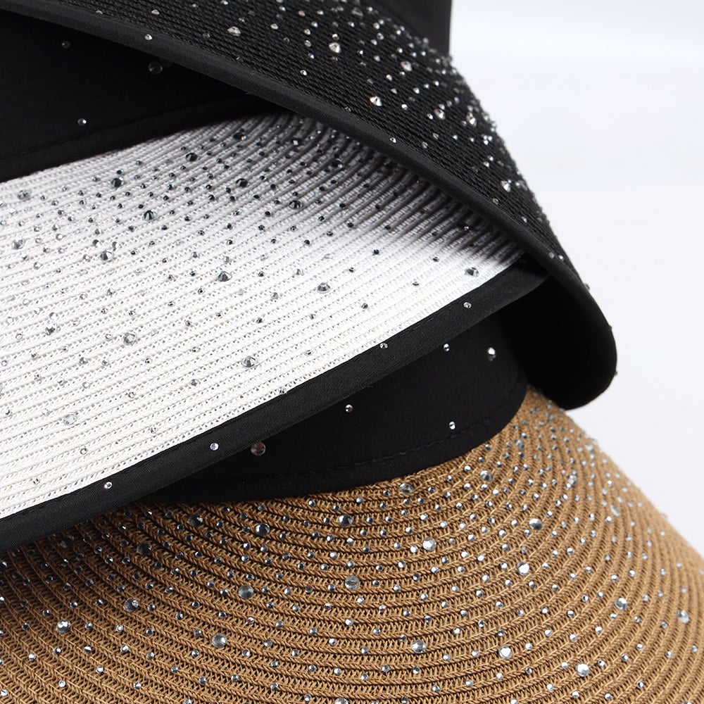 Summer Beach Hat Adjustable Bling Water Diamond Paper Grass Straw Visor Hat For Ladies