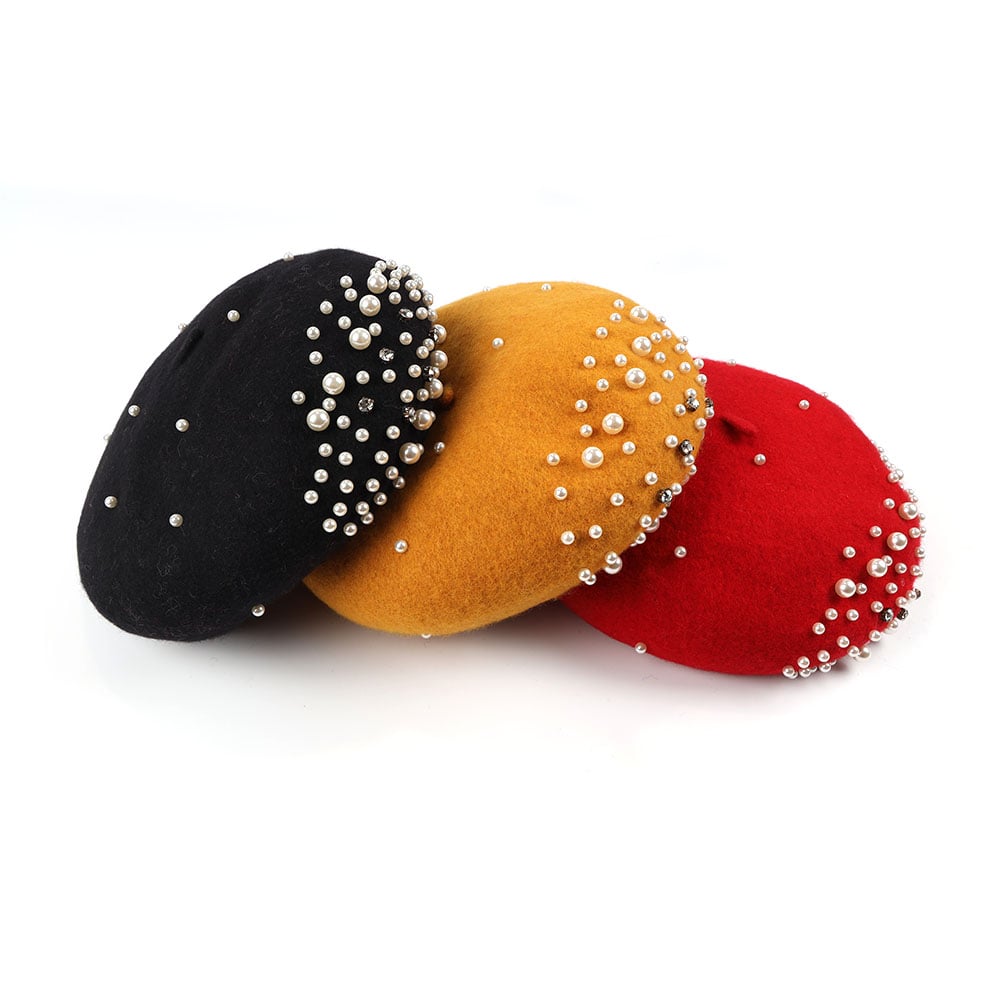 Elegant Pearl Beret Hat Cap Bling Adjustable French Classic 100% Wool Pearl Rhinestones For Woman