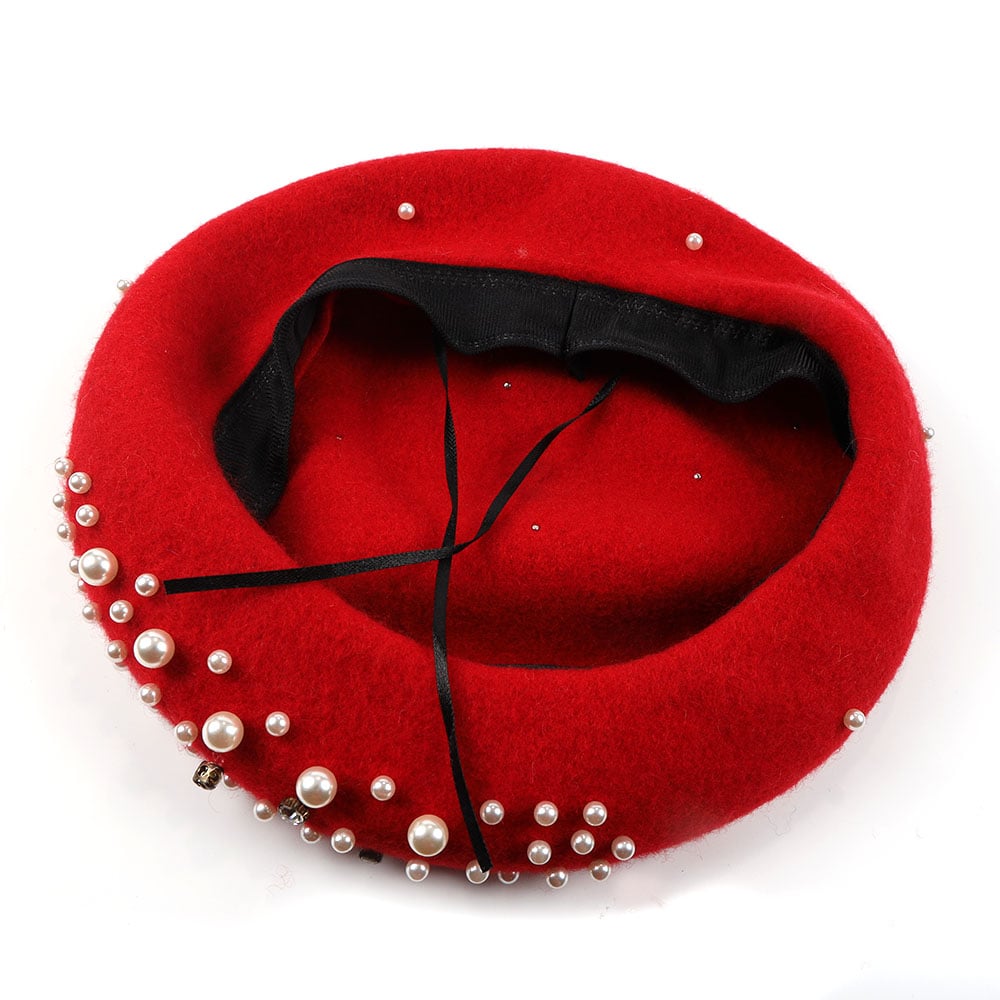 Elegant Pearl Beret Hat Cap Bling Adjustable French Classic 100% Wool Pearl Rhinestones For Woman