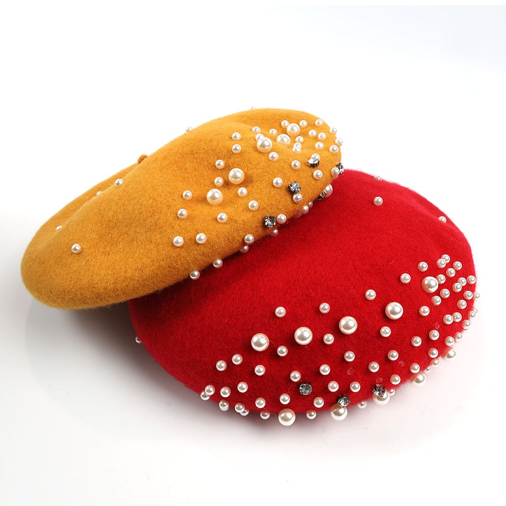 Elegant Pearl Beret Hat Cap Bling Adjustable French Classic 100% Wool Pearl Rhinestones For Woman