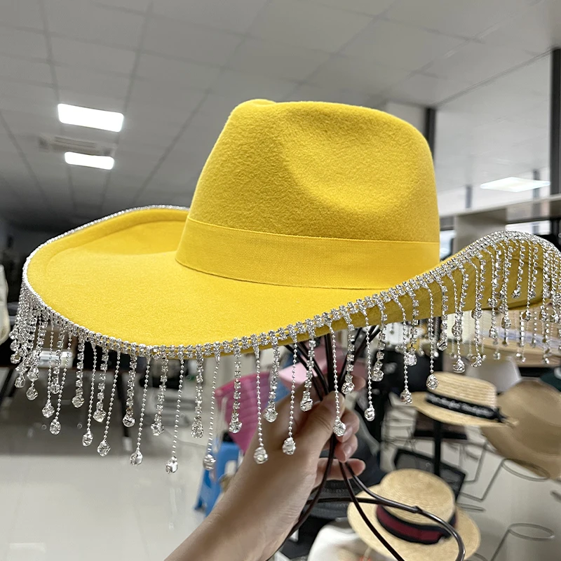 Custom Logo New Look Luxury Ladies Water Diamond Chain Polyester Felt Cowboy Hat