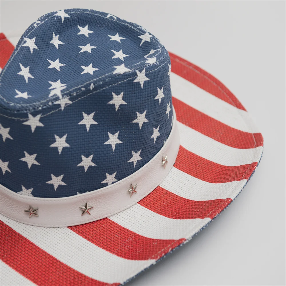 Customized Logo  Cowboy Cowgirl Straw Hat Usa Flag Men Paper Cloth