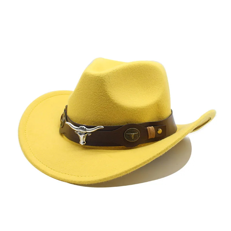 Western Jazz Cowboy Hat Roll Up Wide Brim Classic Outdoor Felt With Bull Belt Buckle