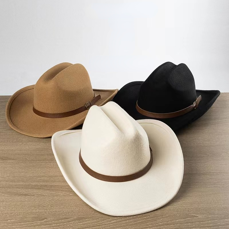 Cowboy Cowgirl Hats Women And Men Felt Wide Brim Classic Outdoor Fedora Hats Western With Belt Buckle