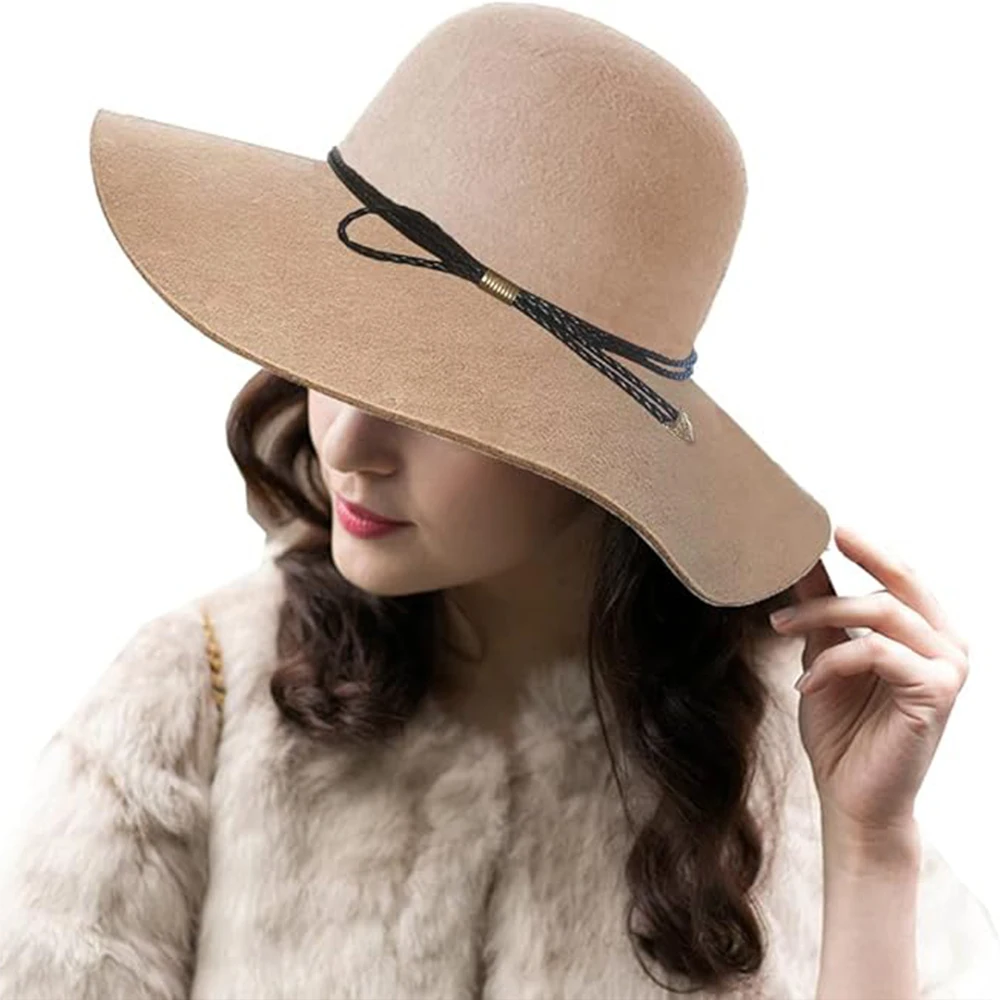 Customized Floppy Fedora Felt Hats Multi Size Women'S Wide Brim Retro Bowler Adjustable Wool With Belt Buckle