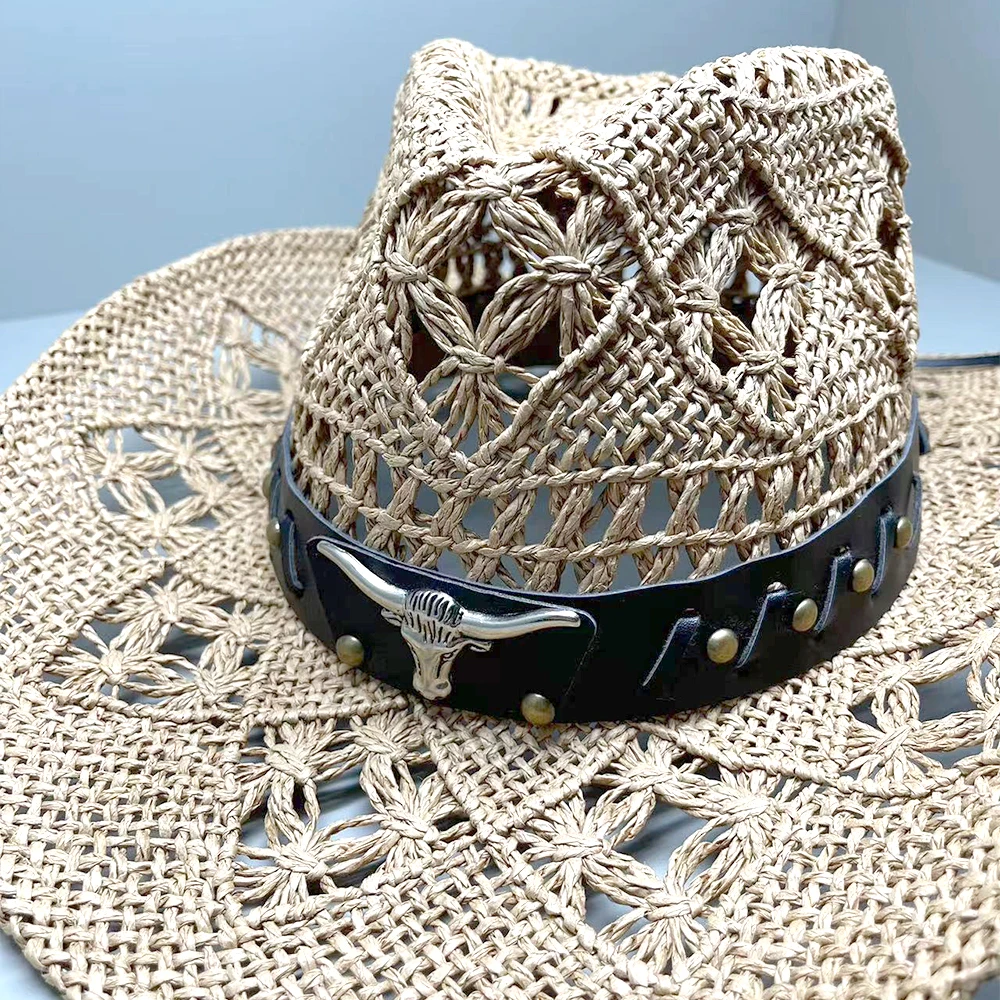 Wholesale Cowgirl Cowboy Straw Hat Retro Paper Rope Crochet With Custom Logo