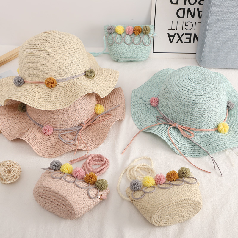 Oem Summer Cap Straw Hat with Wide Brim Sun Protection for Kids Toddler Girls Purse Beach Bag Cute Flower and Handbag Set