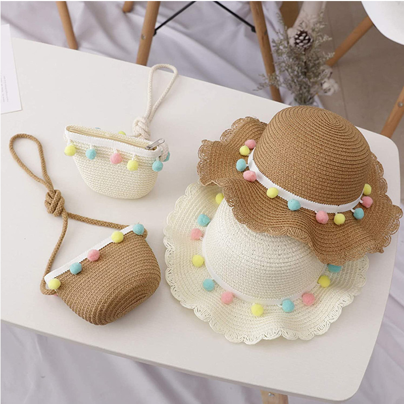 Oem Summer Cap Straw Hat with Wide Brim Sun Protection for Kids Toddler Girls Purse Beach Bag Cute Flower and Handbag Set