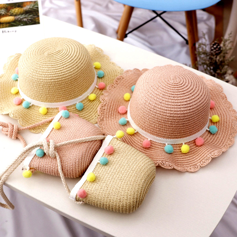 Oem Summer Cap Straw Hat with Wide Brim Sun Protection for Kids Toddler Girls Purse Beach Bag Cute Flower and Handbag Set