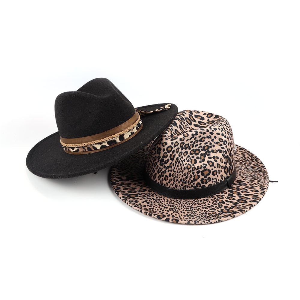 Woolen Fabric Panama Fedora Felt Hat With Leopard Print Decoration