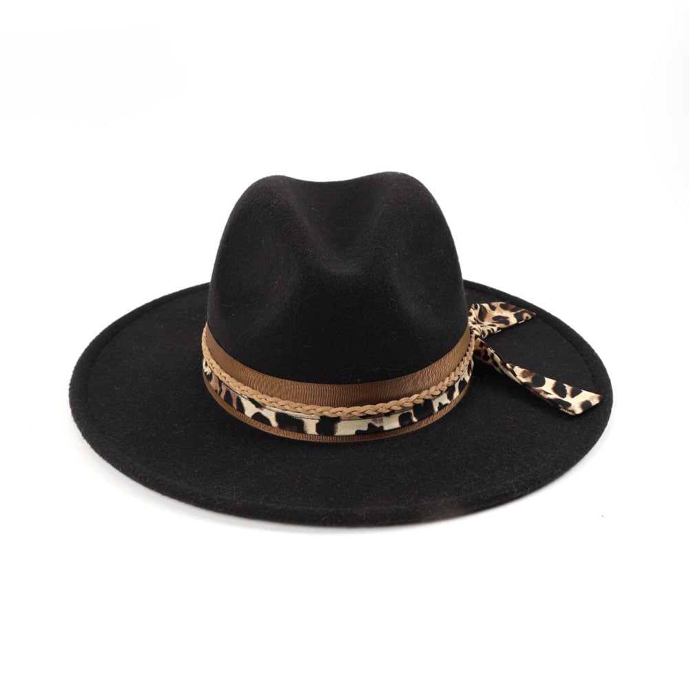 Woolen Fabric Panama Fedora Felt Hat With Leopard Print Decoration