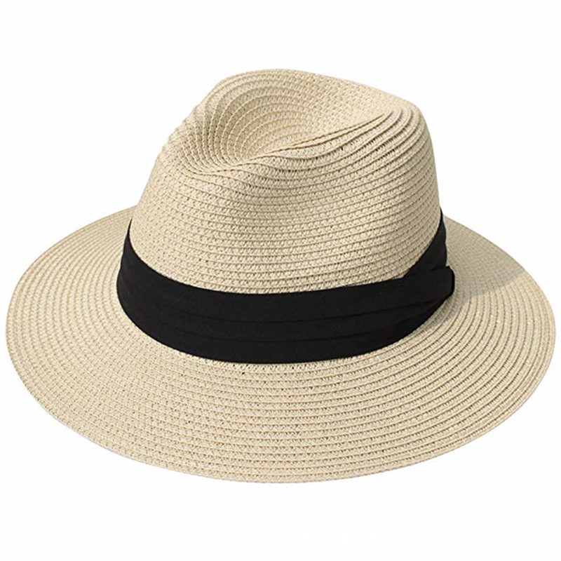 Women's Beach Sun Hat Upf50+ Adjustable Wide Brim Straw Panama Fedora Roll Up