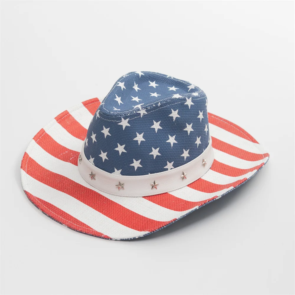 Customized Logo  Cowboy Cowgirl Straw Hat Usa Flag Men Paper Cloth