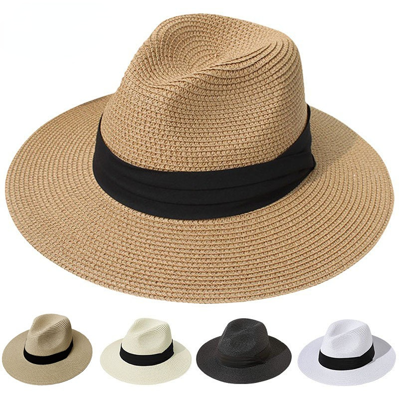 Women's Beach Sun Hat Upf50+ Adjustable Wide Brim Straw Panama Fedora Roll Up