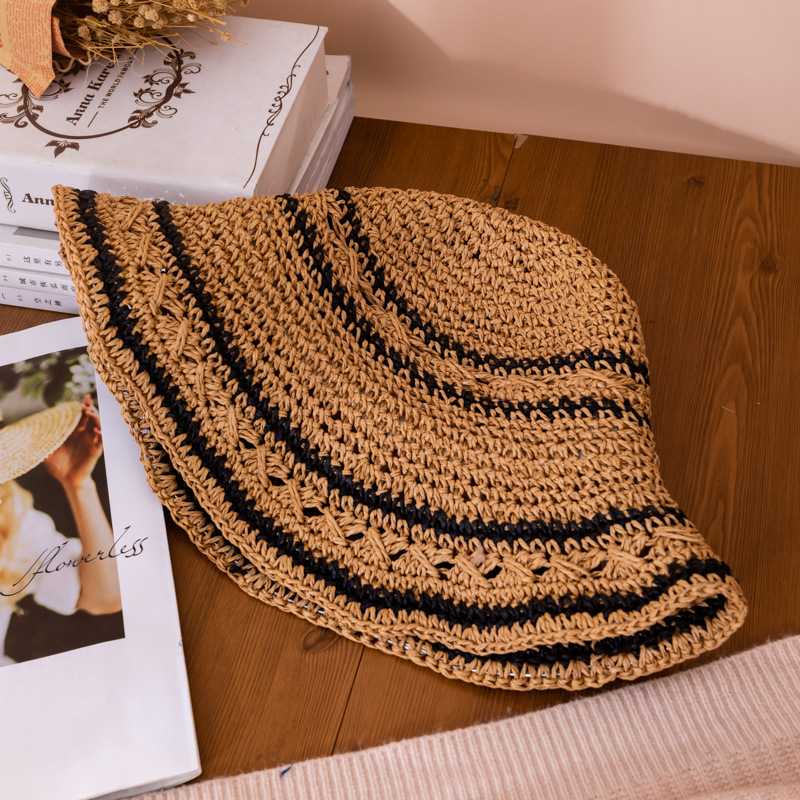 Oem Odm Straw Bucket Hat Foldable Packable Striped Crochet Breathable Handmade Beach Hat For Women