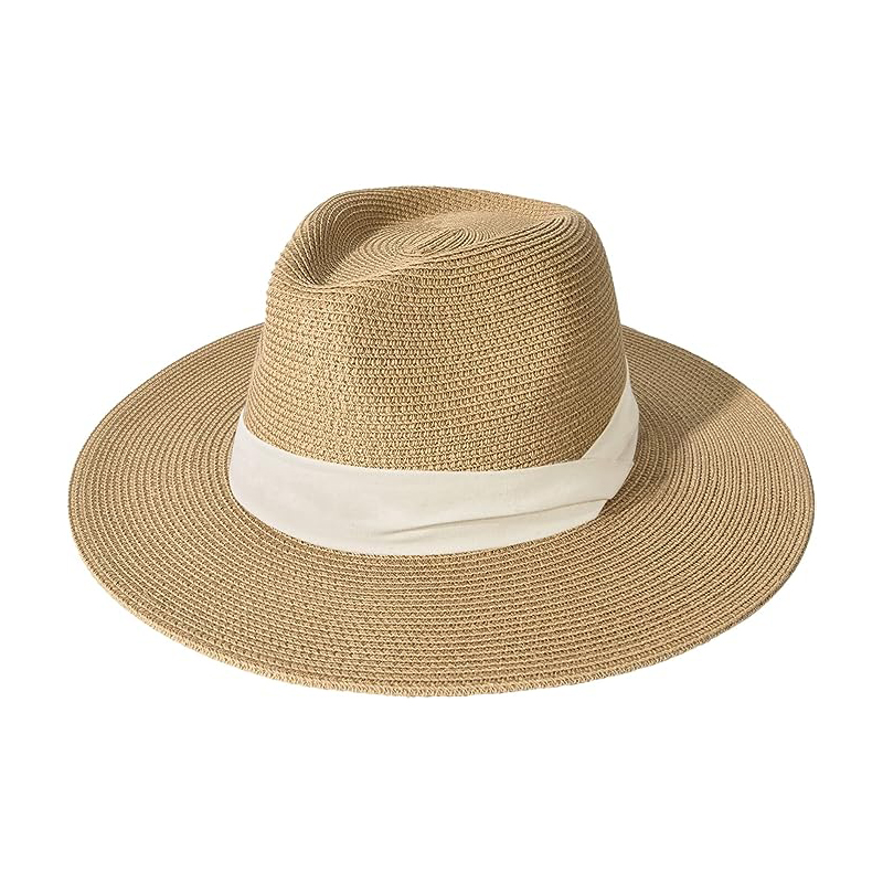 Women's Beach Sun Hat Upf50+ Adjustable Wide Brim Straw Panama Fedora Roll Up