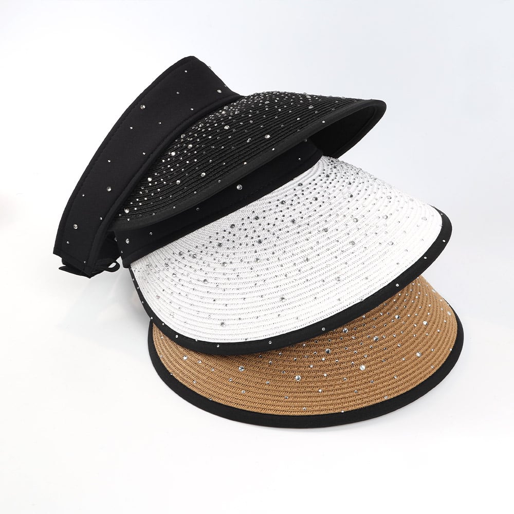 Summer Beach Hat Adjustable Bling Water Diamond Paper Grass Straw Visor Hat For Ladies