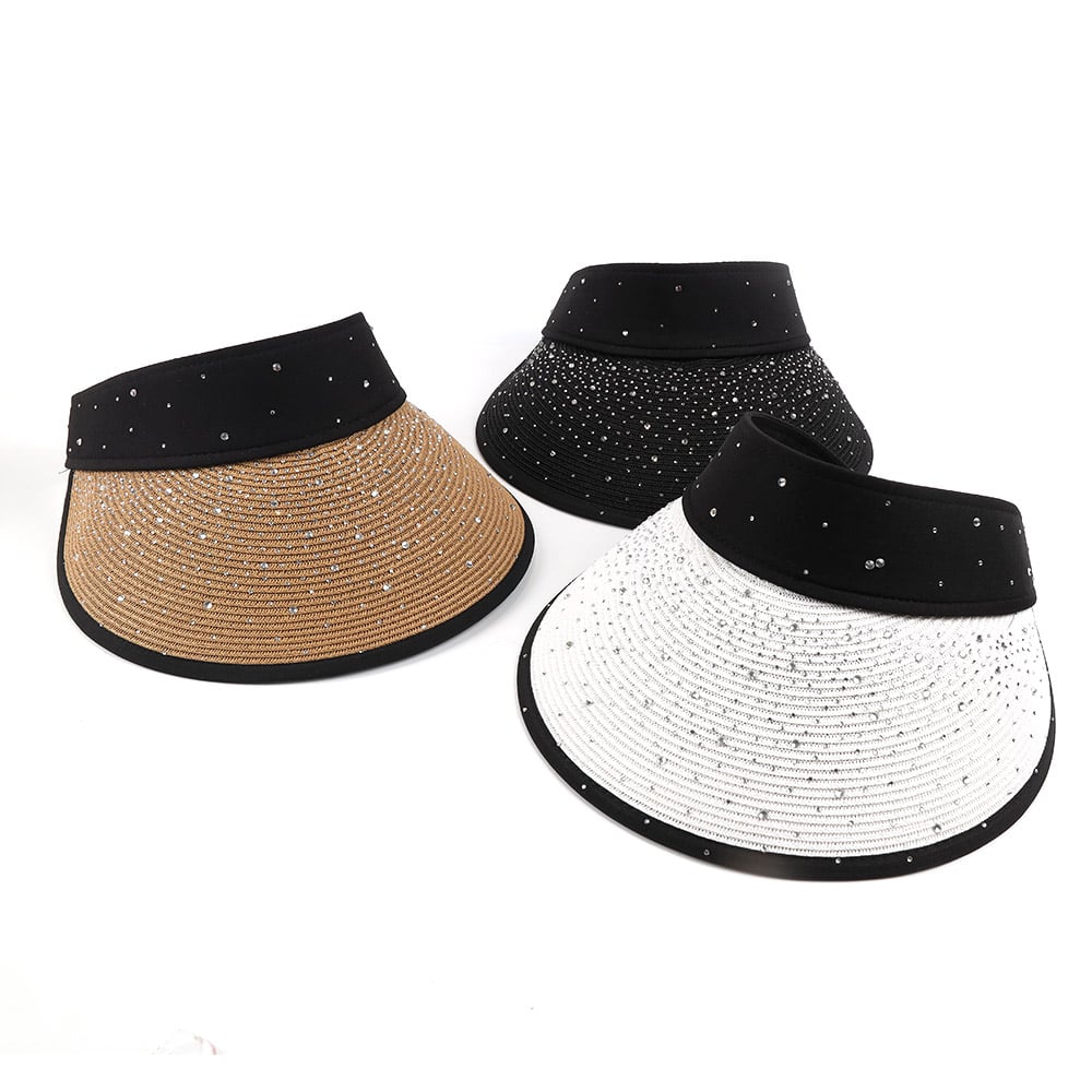 Summer Beach Hat Adjustable Bling Water Diamond Paper Grass Straw Visor Hat For Ladies