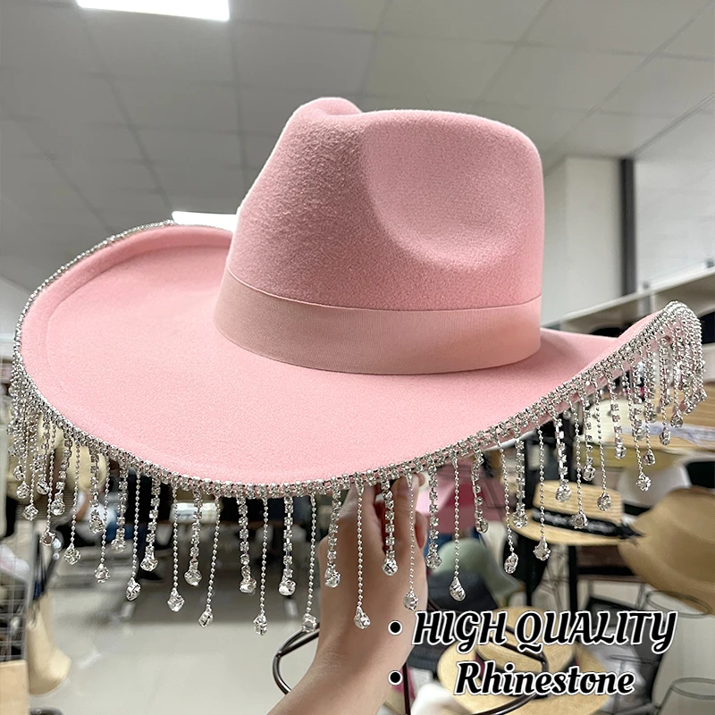 Custom Logo New Look Luxury Ladies Water Diamond Chain Polyester Felt Cowboy Hat