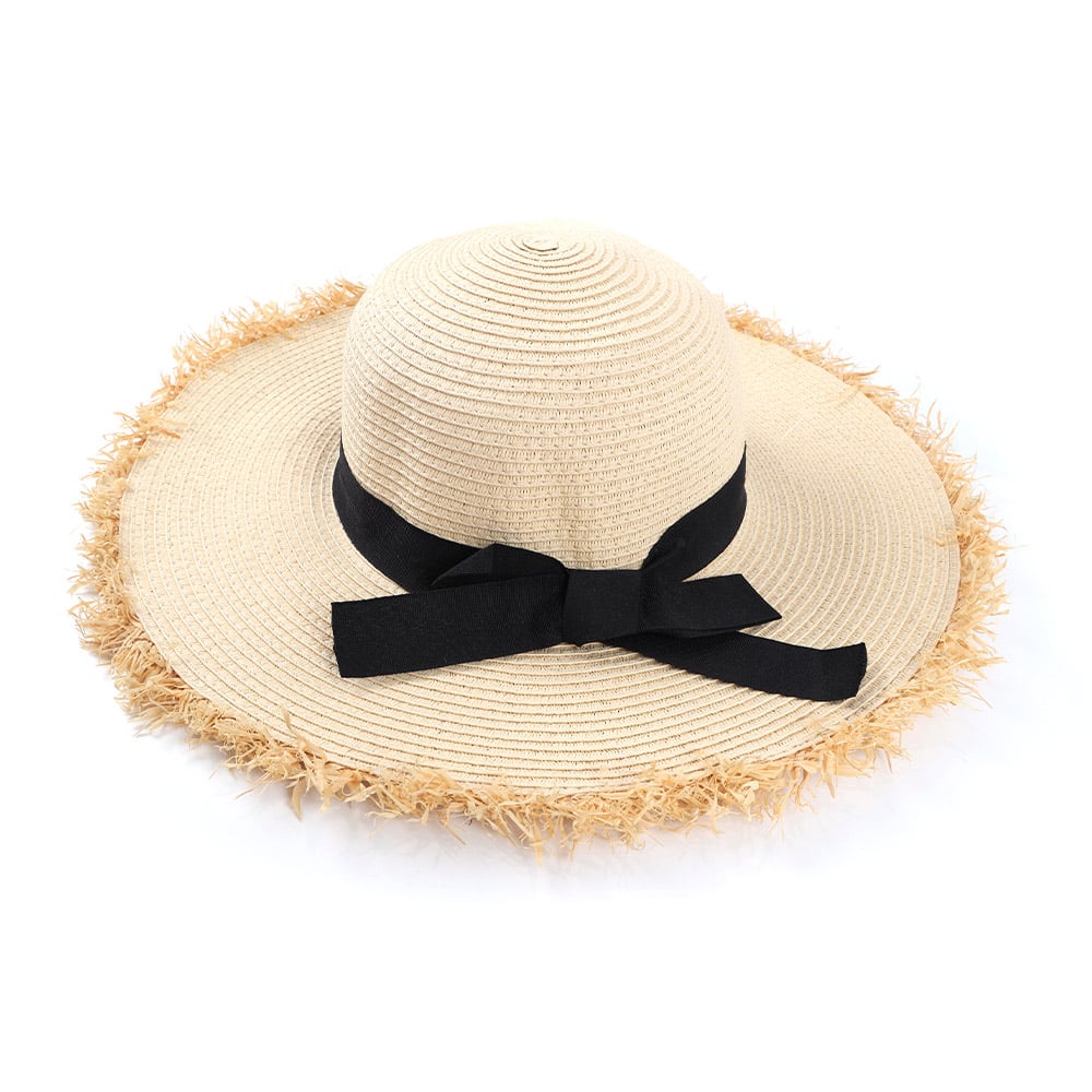 Lafite Grass Raw Edge Women Beach Sun Paper Braid Wide Brim Floppy Straw Hat Manufacturer With Bow