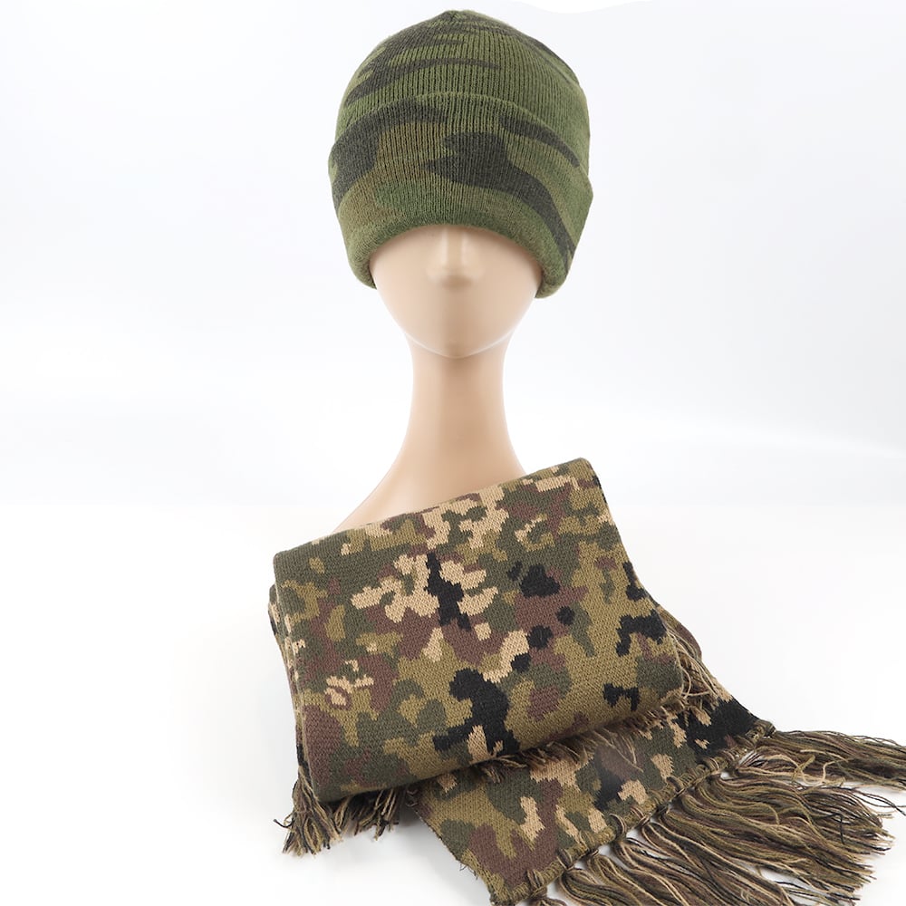 Camouflage Warm Acrylic Beanie Winter Knit Cuff Cold Hat Cap Scarf Set