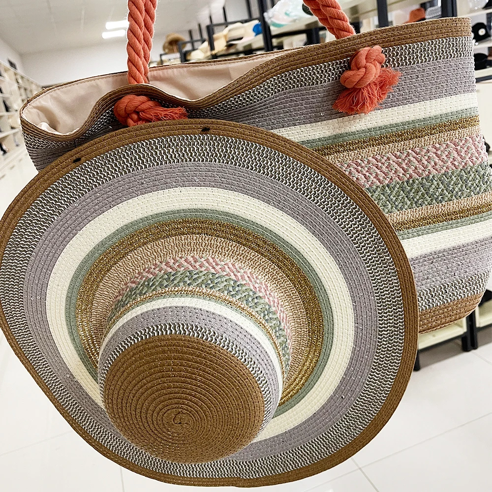 Hot Selling Straw Hat Custom Summer Floppy Wide Brim Straw Sun Paper With Handbag Set