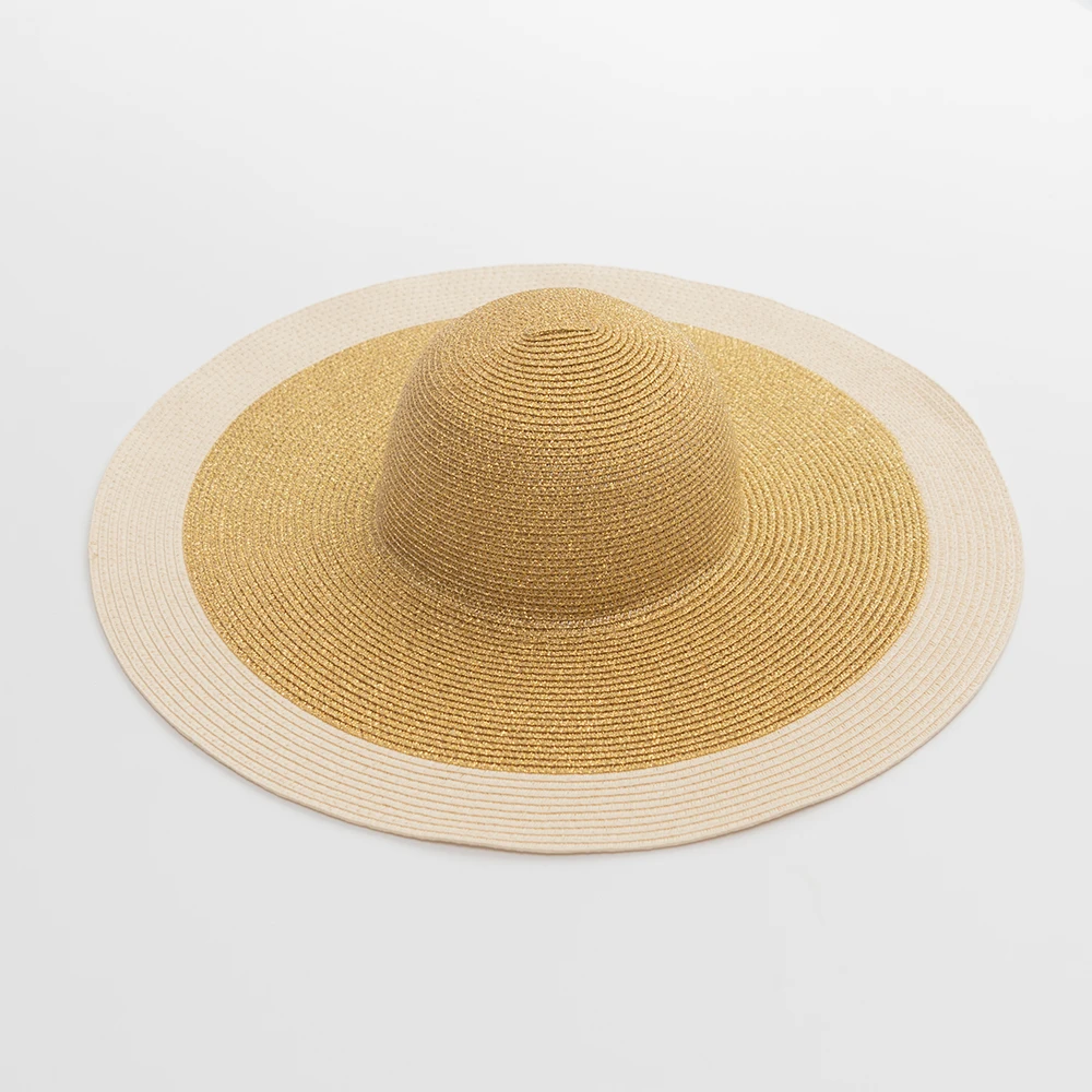 Custom Golden Scallion Braided Strips Beach Sun Floppy Wide Brim Straw Hat