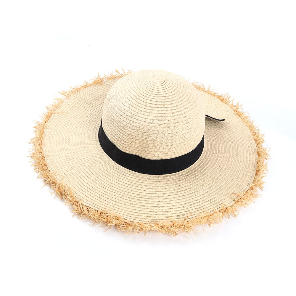 Lafite Grass Raw Edge Women Beach Sun Paper Braid Wide Brim Floppy Straw Hat Manufacturer With Bow