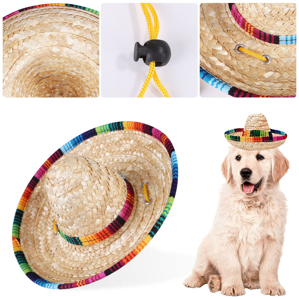 Wheat Colorful Sombrero Pet'S Dog'S Cat'S Mexico Straw Hat Supplier For Small Pets/Puppy/Cat