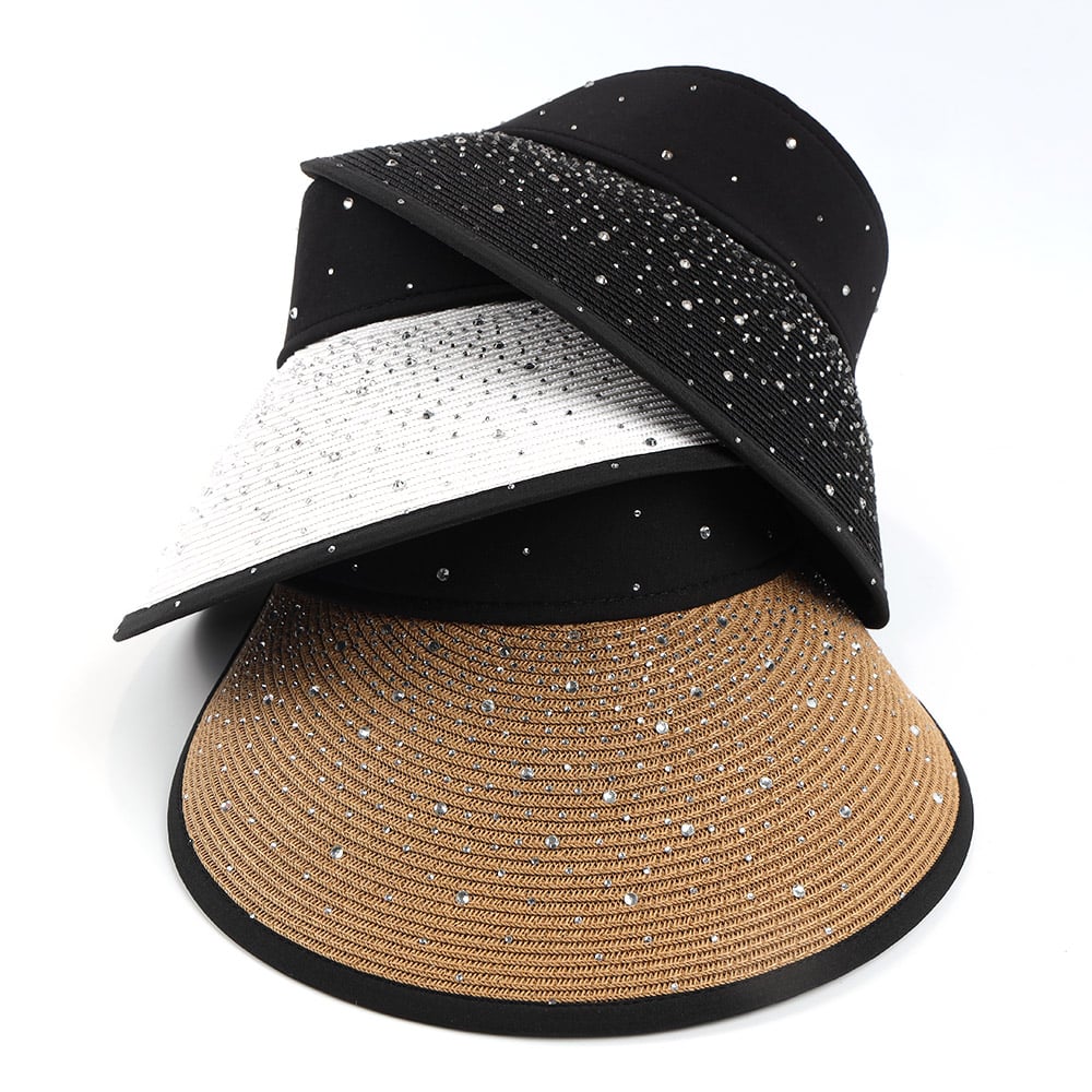 Summer Beach Hat Adjustable Bling Water Diamond Paper Grass Straw Visor Hat For Ladies