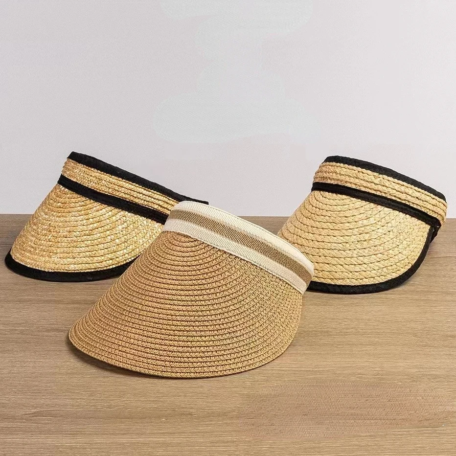 Various Fiber Wheat Raffia Paper Summer Sun Beach Wide Brim Straw Visor Hat Cap