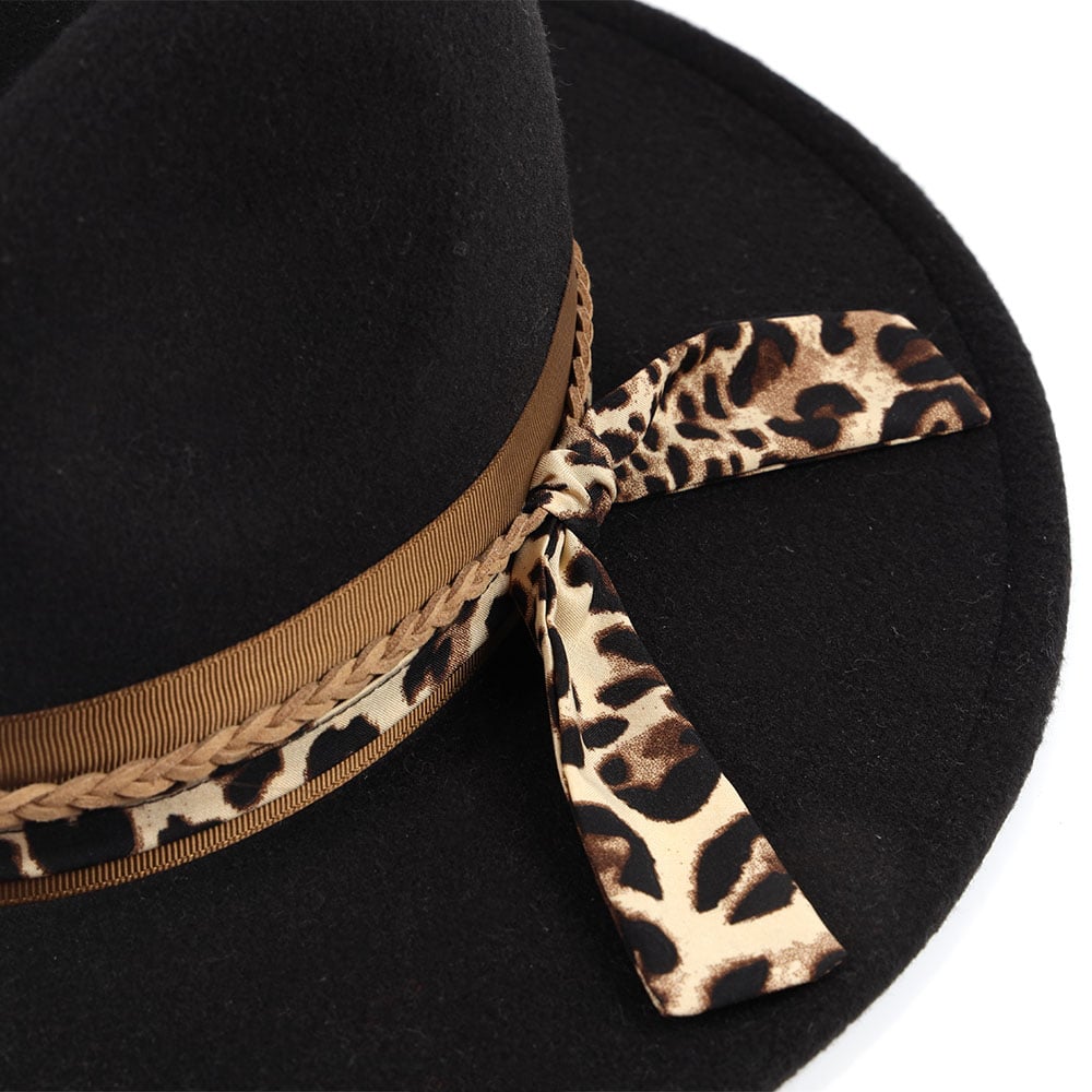 Woolen Fabric Panama Fedora Felt Hat With Leopard Print Decoration