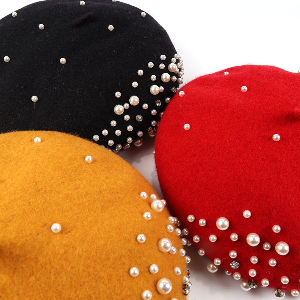 Elegant Pearl Beret Hat Cap Bling Adjustable French Classic 100% Wool Pearl Rhinestones For Woman