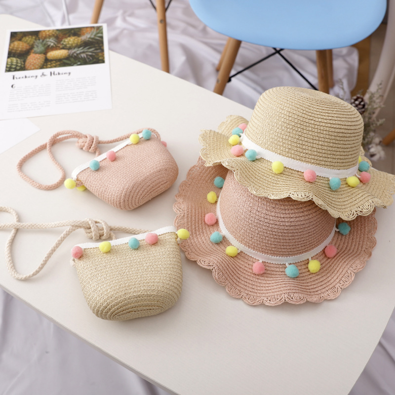 Oem Summer Cap Straw Hat with Wide Brim Sun Protection for Kids Toddler Girls Purse Beach Bag Cute Flower and Handbag Set