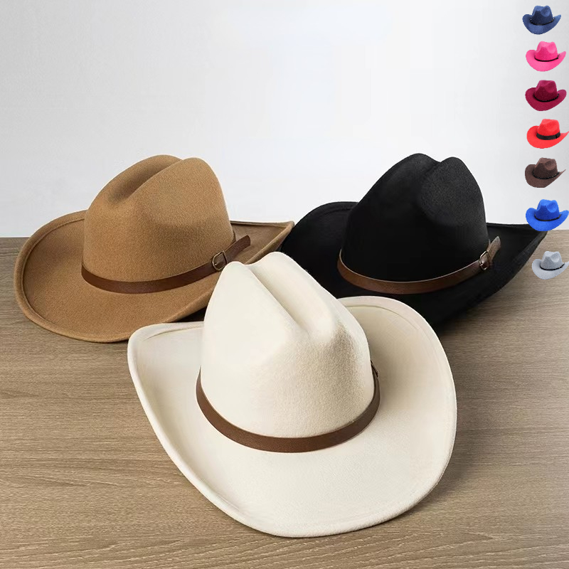 Cowboy Cowgirl Hats Women And Men Felt Wide Brim Classic Outdoor Fedora Hats Western With Belt Buckle