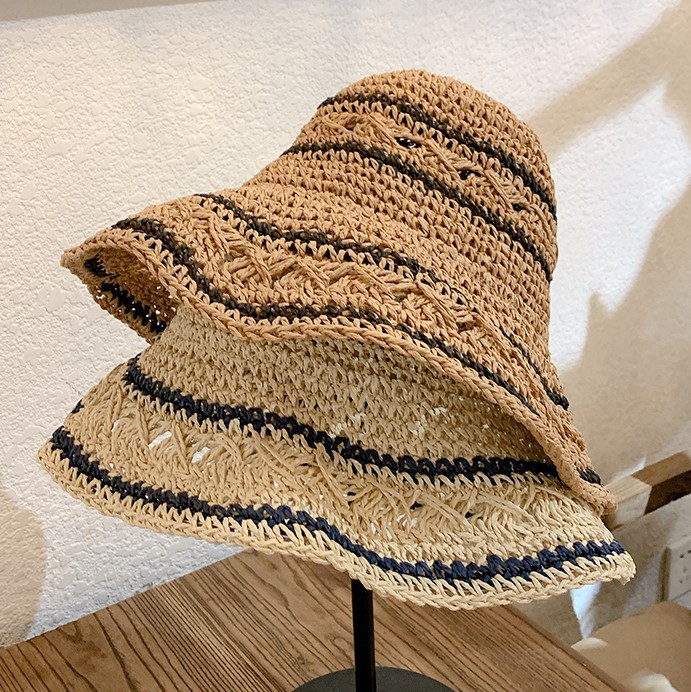 Oem Odm Straw Bucket Hat Foldable Packable Striped Crochet Breathable Handmade Beach Hat For Women