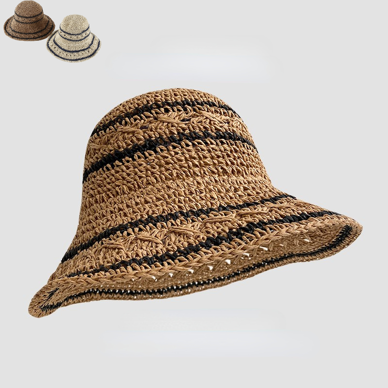 Oem Odm Straw Bucket Hat Foldable Packable Striped Crochet Breathable Handmade Beach Hat For Women