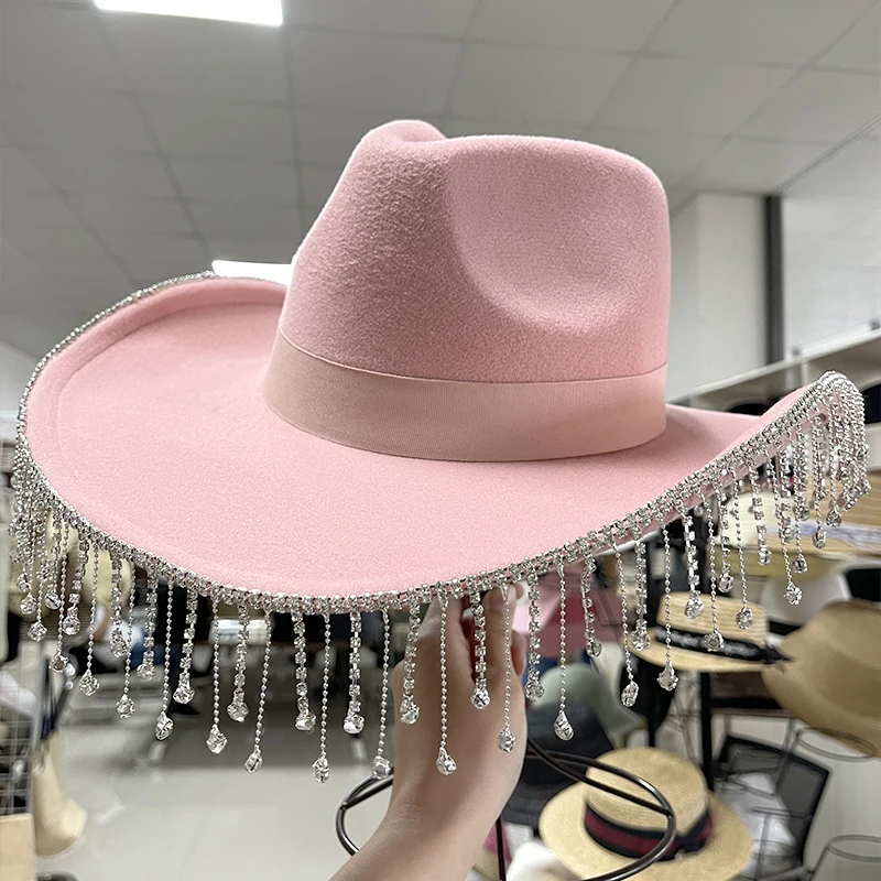 Custom Logo New Look Luxury Ladies Water Diamond Chain Polyester Felt Cowboy Hat