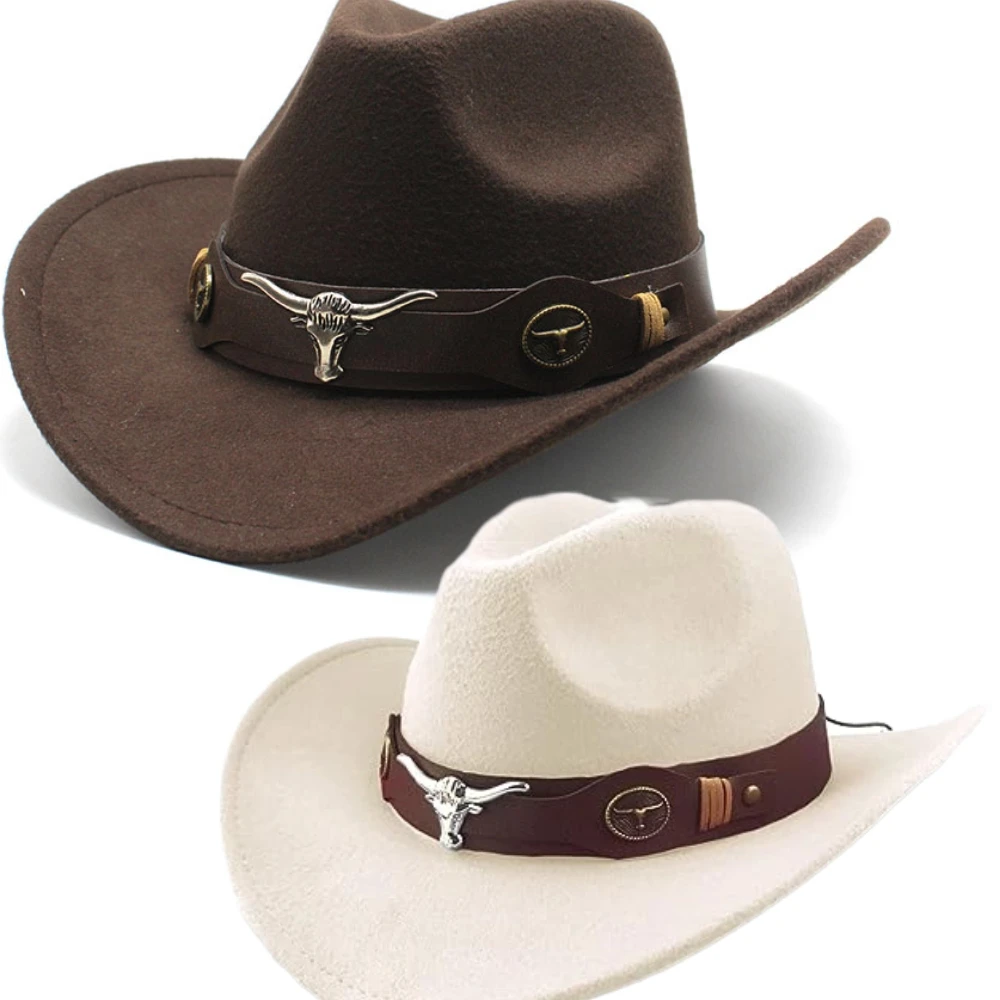 Western Jazz Cowboy Hat Roll Up Wide Brim Classic Outdoor Felt With Bull Belt Buckle