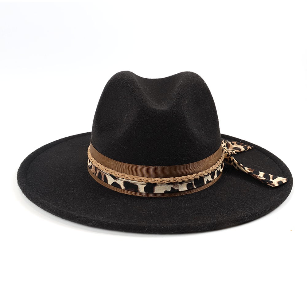 Woolen Fabric Panama Fedora Felt Hat With Leopard Print Decoration