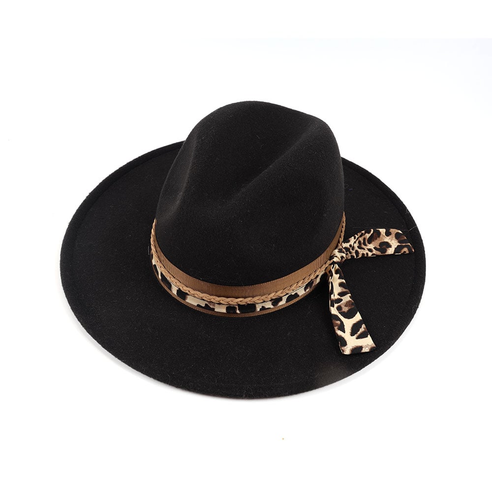 Woolen Fabric Panama Fedora Felt Hat With Leopard Print Decoration