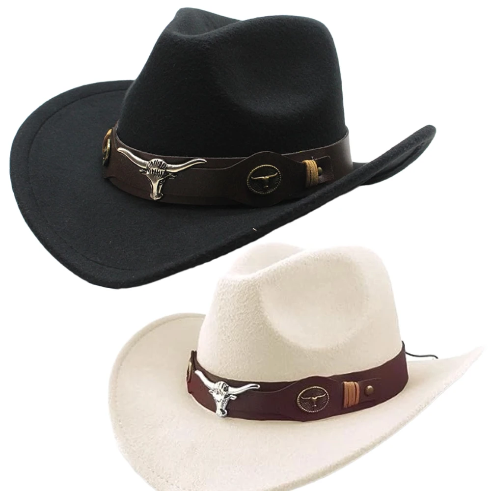 Western Jazz Cowboy Hat Roll Up Wide Brim Classic Outdoor Felt With Bull Belt Buckle