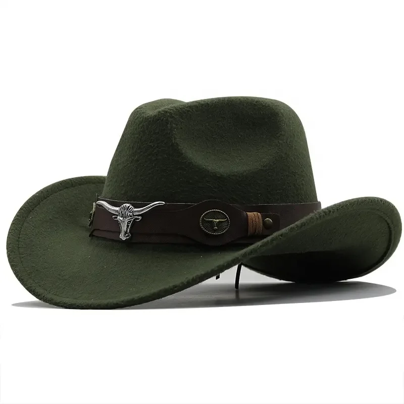 Western Jazz Cowboy Hat Roll Up Wide Brim Classic Outdoor Felt With Bull Belt Buckle