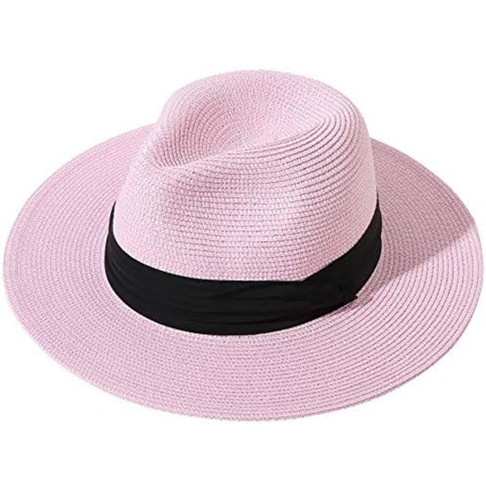 Women's Beach Sun Hat Upf50+ Adjustable Wide Brim Straw Panama Fedora Roll Up