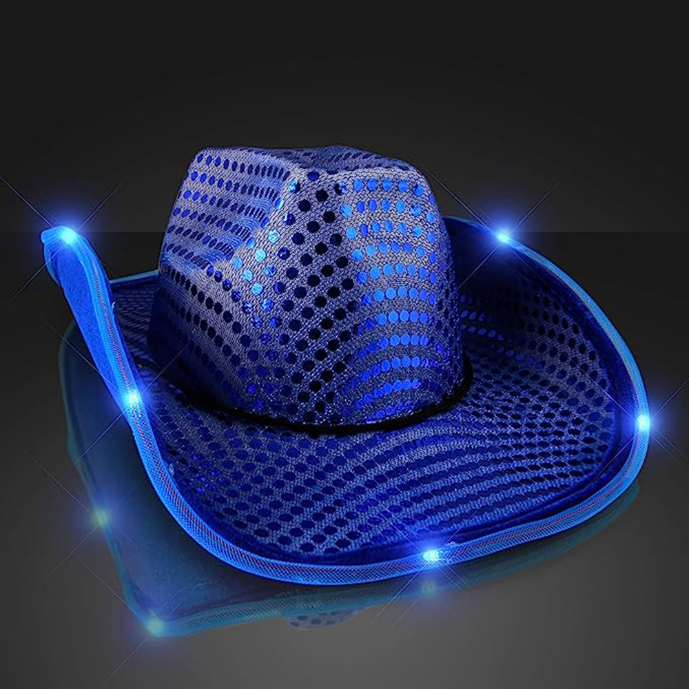 Cowboy Cowgirl Hat Flashing Light Up Sequin Led Glitter Shiny Lights Womens