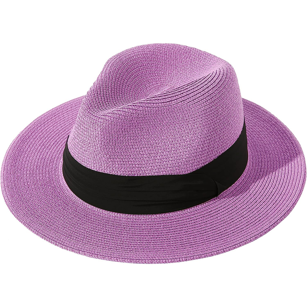 Women's Beach Sun Hat Upf50+ Adjustable Wide Brim Straw Panama Fedora Roll Up