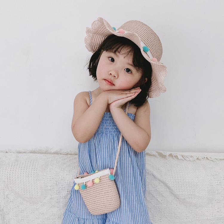 Oem Summer Cap Straw Hat with Wide Brim Sun Protection for Kids Toddler Girls Purse Beach Bag Cute Flower and Handbag Set