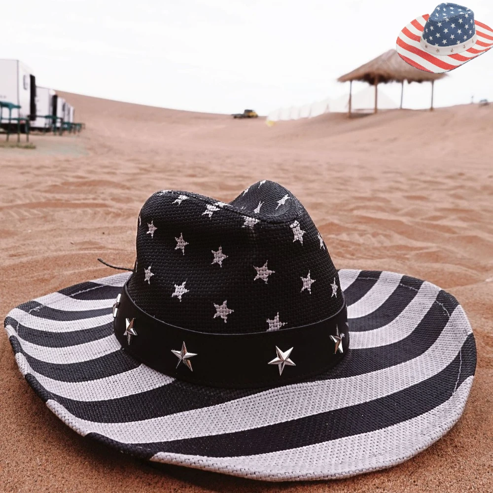 Customized Logo  Cowboy Cowgirl Straw Hat Usa Flag Men Paper Cloth